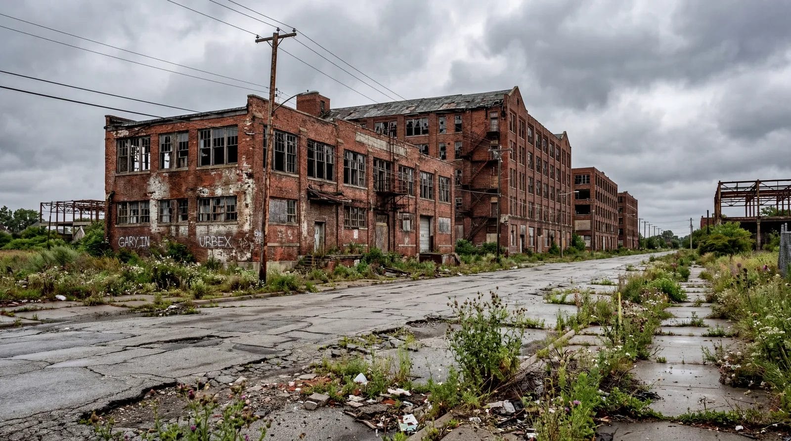 Abandoned brick warehouse buildings on a desolate cracked street in Gary Indiana, weeds growing through pavement, grey overcast sky, eerie quiet. documentary travel photography, realistic, no text, no watermark, 16:9