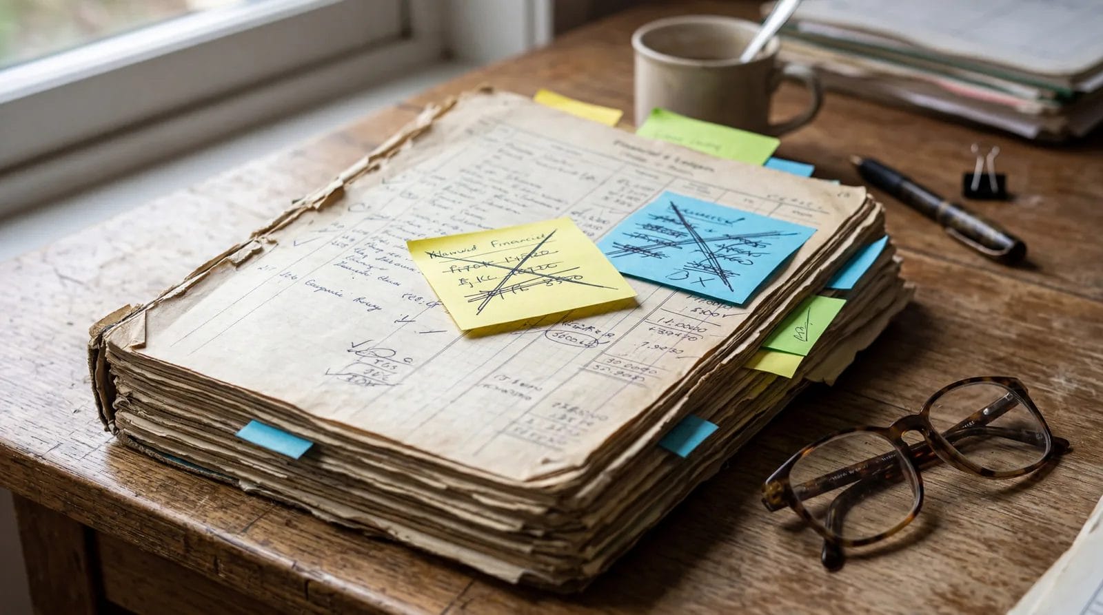 Stack of old financial documents with sticky notes, some crossed out, close-up on desk with reading glasses, photorealistic, no text, no watermark, 16:9