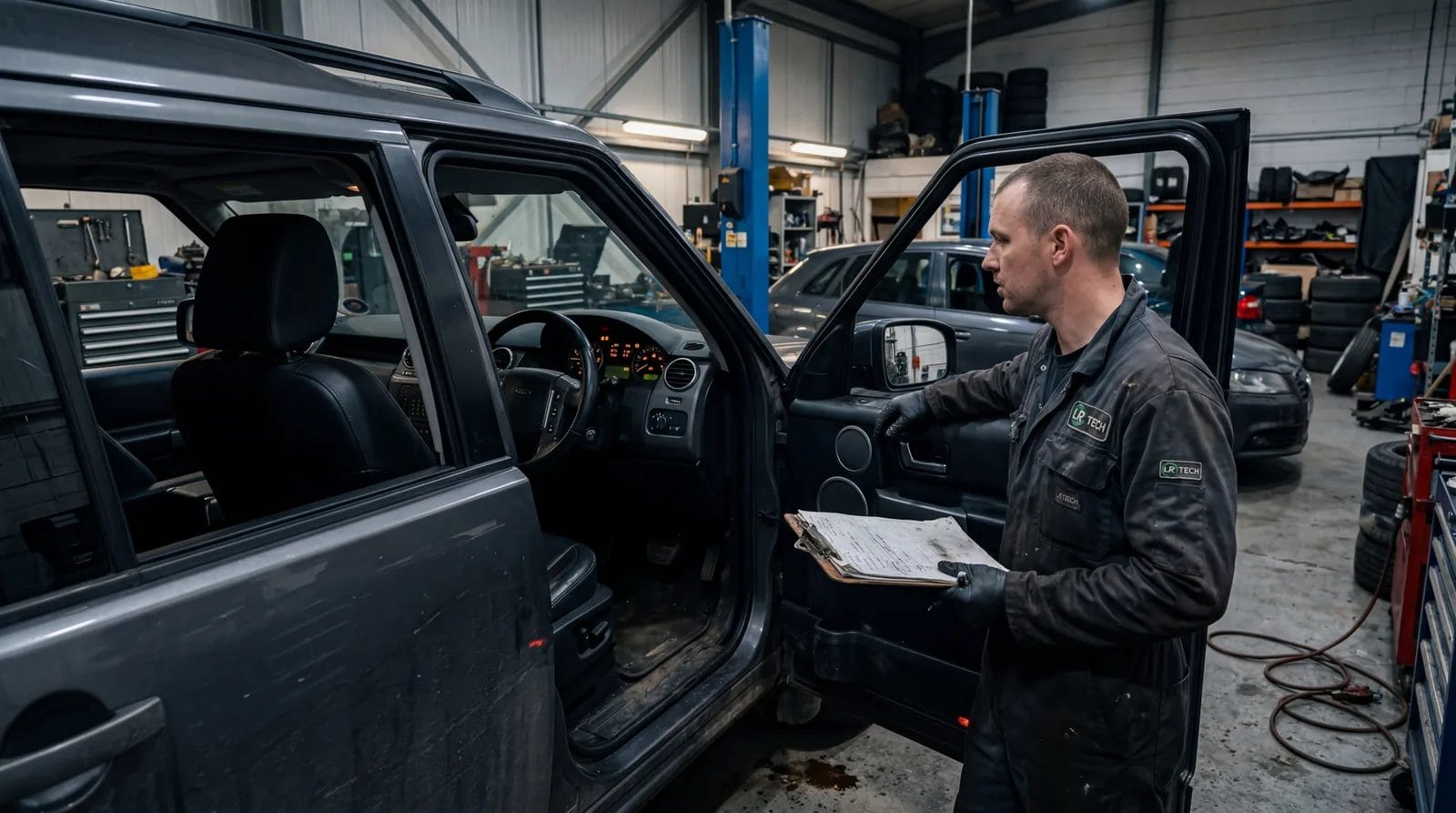 Land Rover Discovery in a workshop with multiple warning lights visible on the dashboard display, mechanic with clipboard, photorealistic, no text, no watermark, 16:9