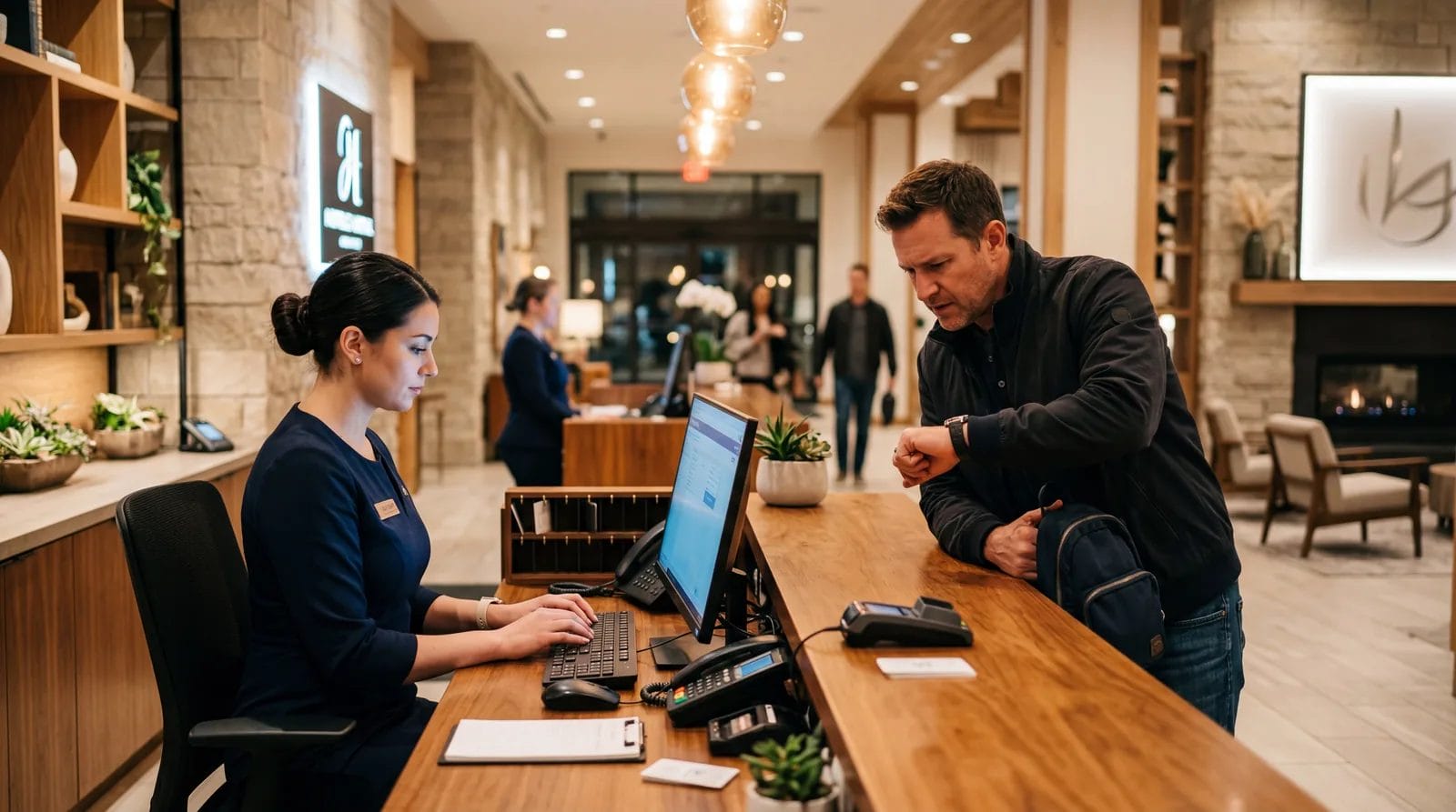 Hotel front desk agent typing on a computer while a guest leans over the counter impatiently, modern hotel lobby, warm lighting, warm editorial travel photography, photorealistic, no text, no watermark, 16:9