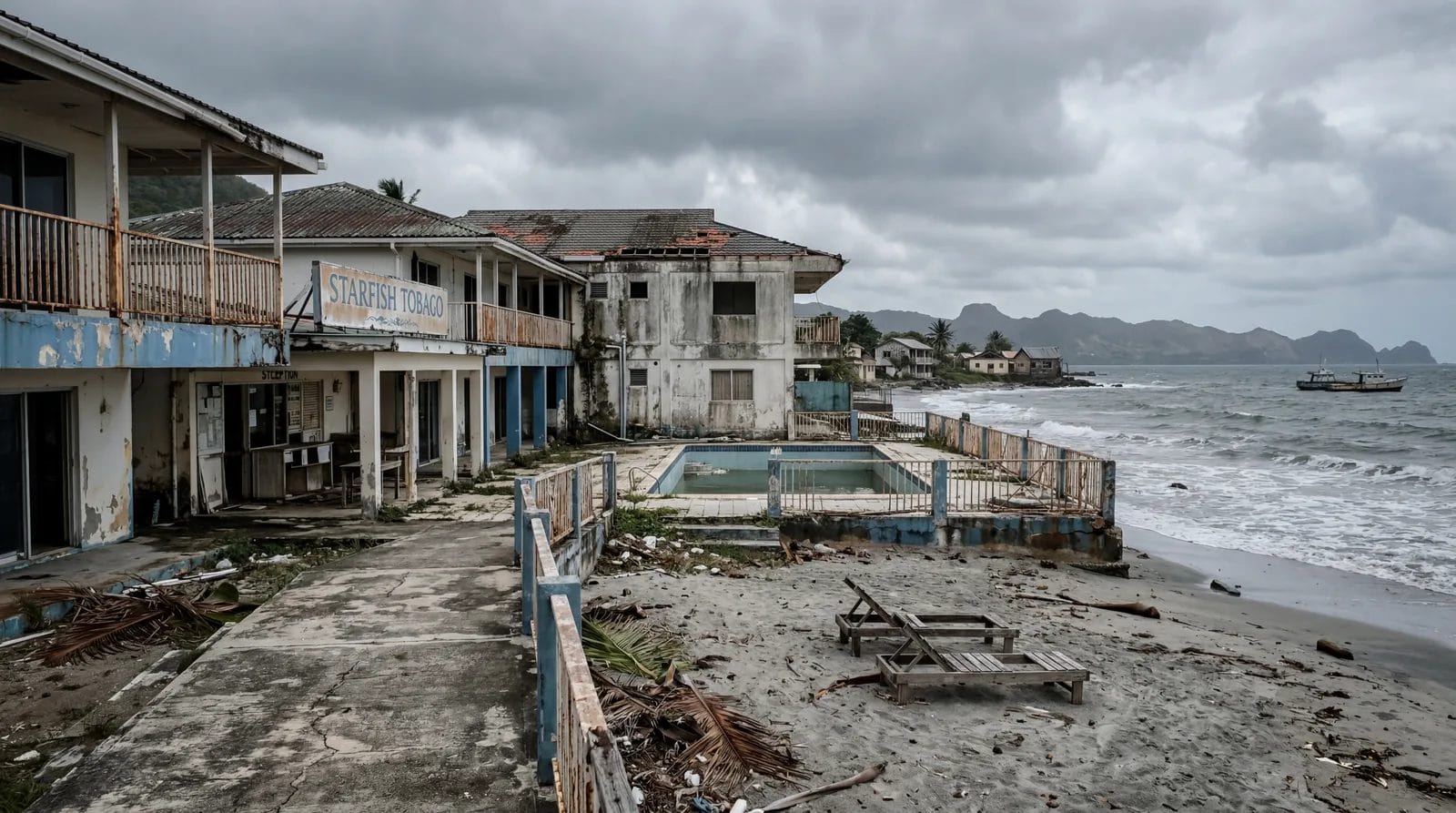 Run-down Starfish Tobago resort, outdated facilities, basic beach, Caribbean island with neglected tourism infrastructure, overcast sky, documentary travel photography, photorealistic, no text, no watermark, 16:9