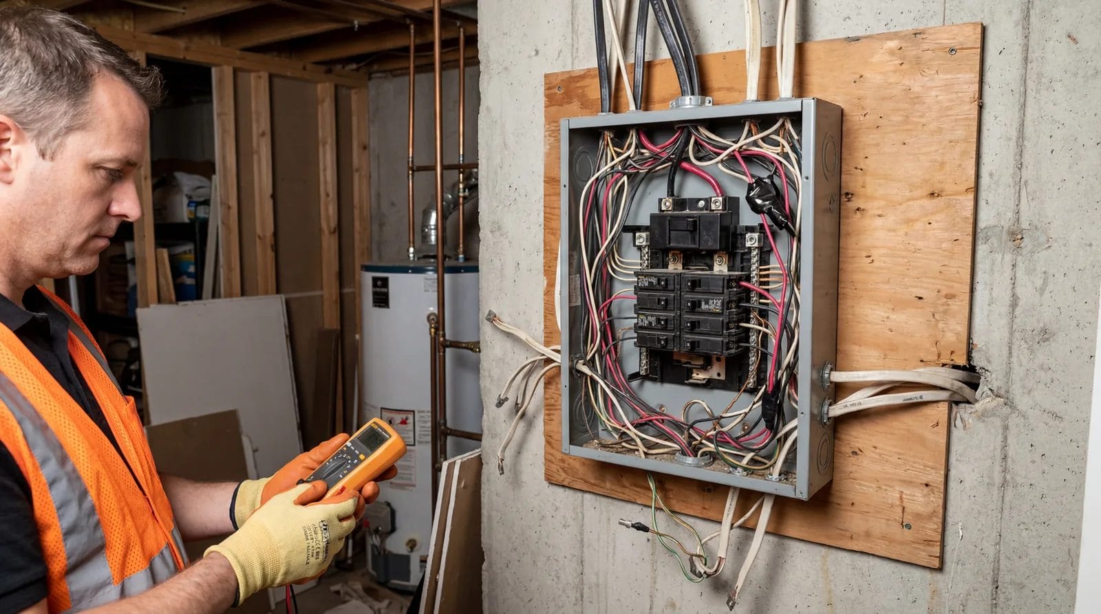 Amateur DIY electrical panel installation with visible wiring problems, home inspection scenario, photorealistic, no text, no watermark, 16:9