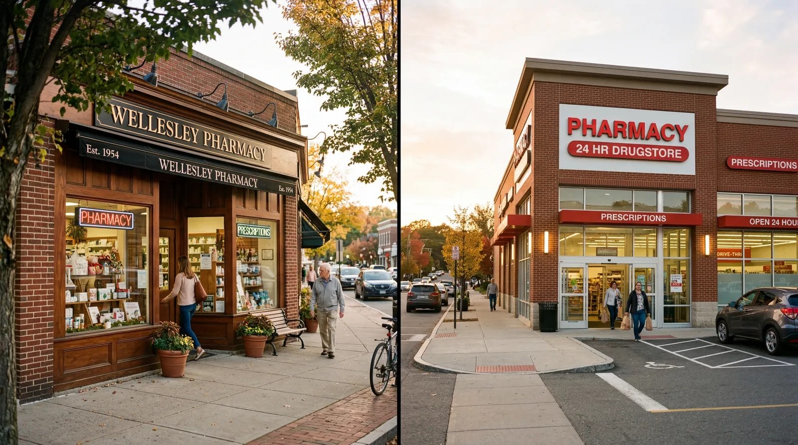 Side-by-side comparison of different pharmacy storefronts in an American town, including chain and independent options, editorial photography, warm tones, photorealistic, no text, no watermark, 16:9
