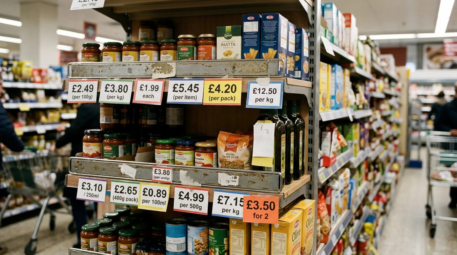 Confusing grocery store shelf price tags with different unit measurements, retail pricing strategy, photorealistic, no text, no watermark, 16:9