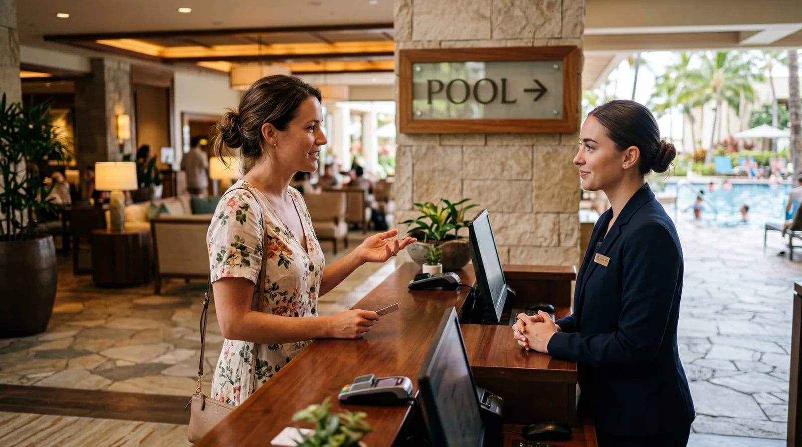 Hotel guest at front desk asking a question while an obvious pool sign is visible in the background, staff maintaining composure, resort lobby, warm editorial travel photography, photorealistic, no text, no watermark, 16:9