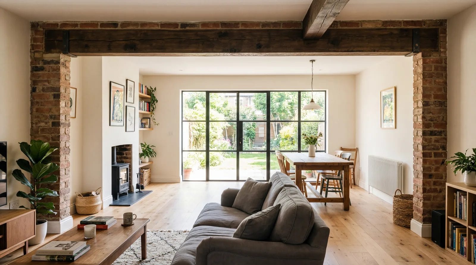 Knocked-through open plan living space where two smaller rooms used to be, showing structural beam, photorealistic, no text, no watermark, 16:9