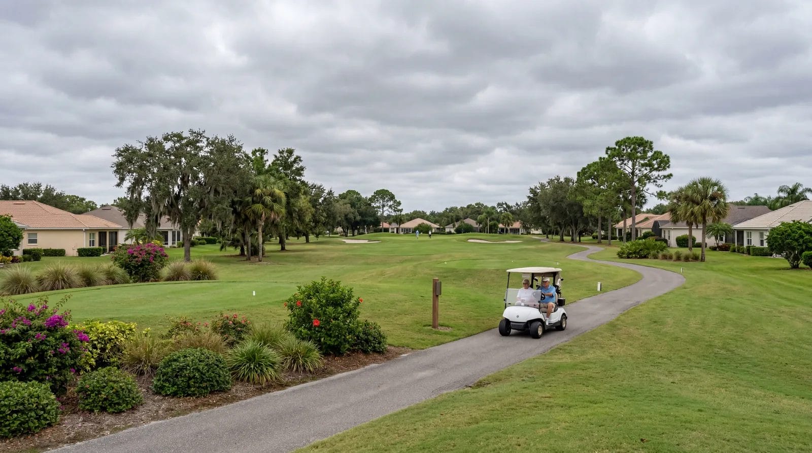 Retirement community golf course in central Florida, overcast sky, cart path, modest landscaping, photorealistic, no text, no watermark, 16:9