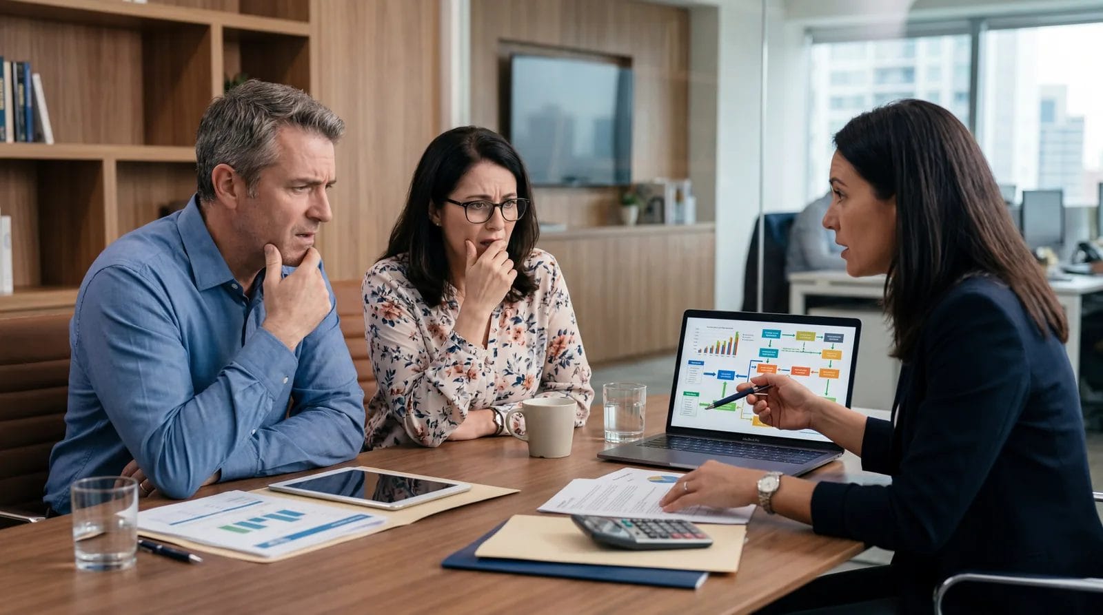 A financial advisor explaining a complex life insurance chart to a confused-looking couple, office setting, photorealistic, no text, no watermark, 16:9