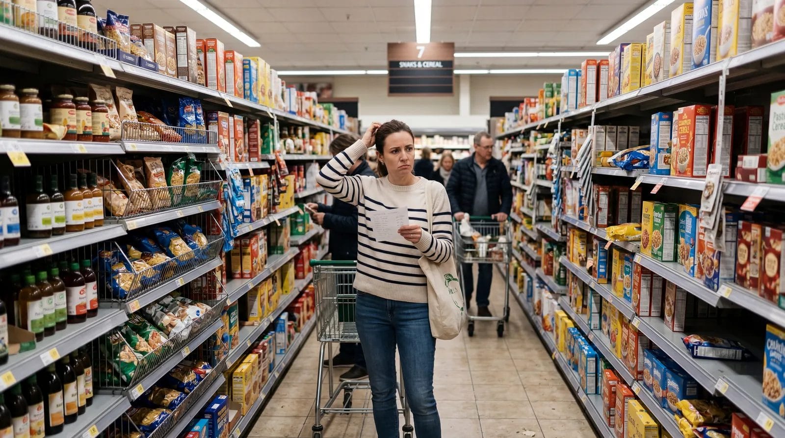 Confusing grocery store aisle with recently changed product placement, shopper looking for items, photorealistic, no text, no watermark, 16:9