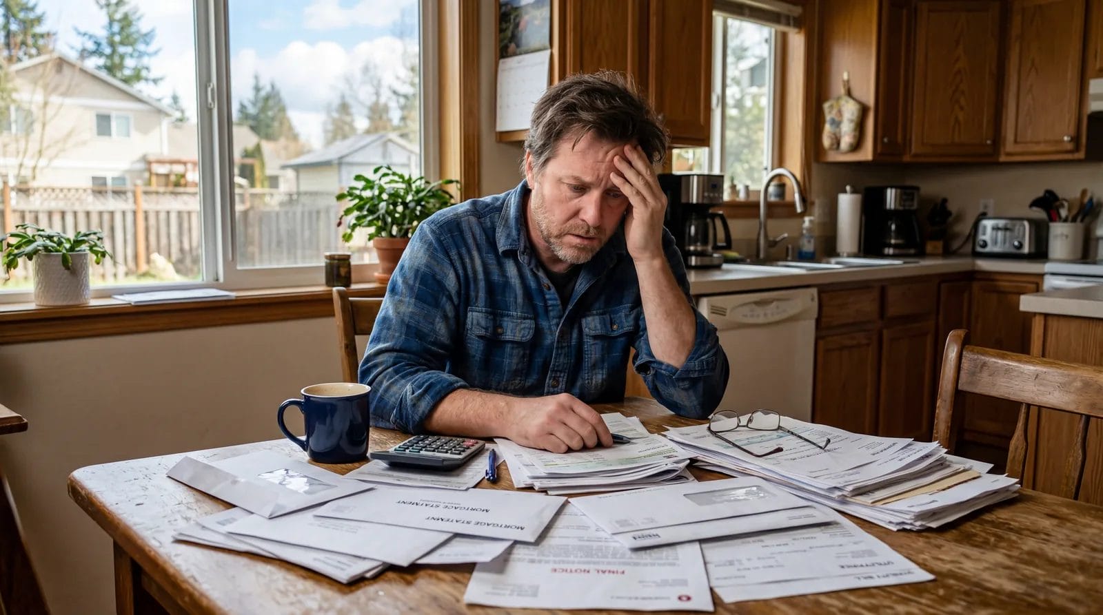Homeowner sitting at kitchen table surrounded by paperwork, looking stressed, American suburban home, photorealistic, no text, no watermark, 16:9