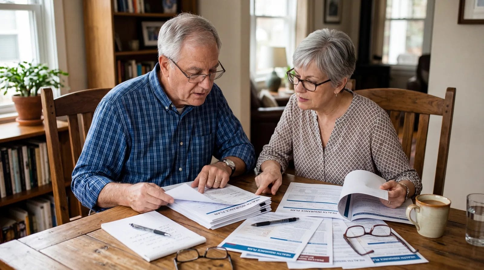 Two senior Americans comparing insurance documents side by side at a dining table, reading glasses on, photorealistic, no text, no watermark, 16:9