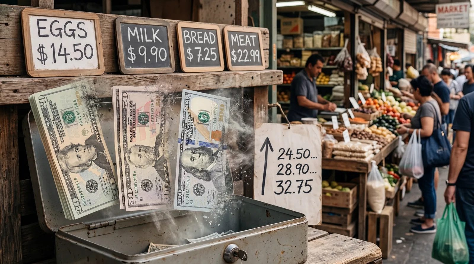 US dollar bills losing purchasing power, visual metaphor with fading currency against rising prices, photorealistic, no text, no watermark, 16:9