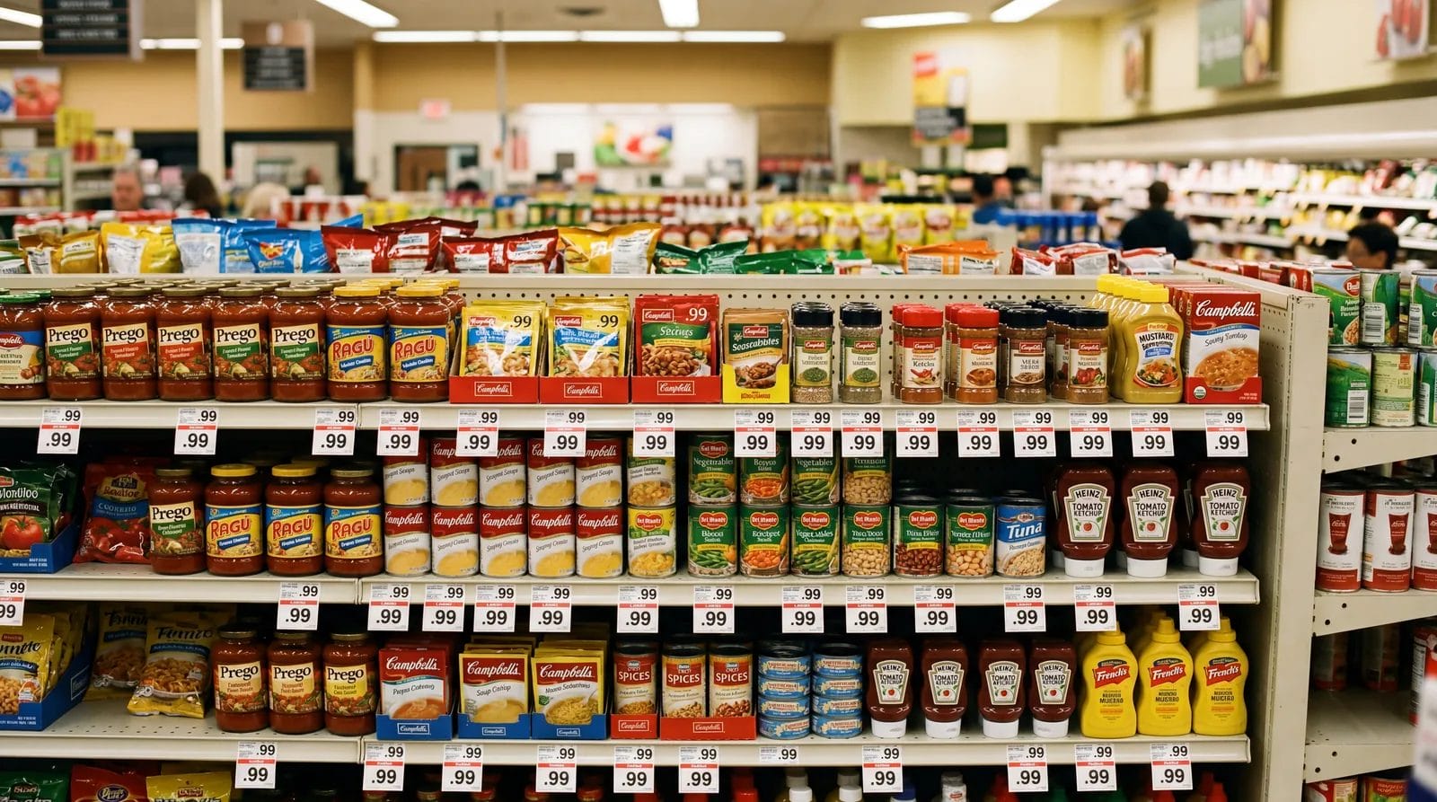 Grocery store shelf with .99 cent pricing on multiple products, consumer psychology retail pricing, photorealistic, no text, no watermark, 16:9