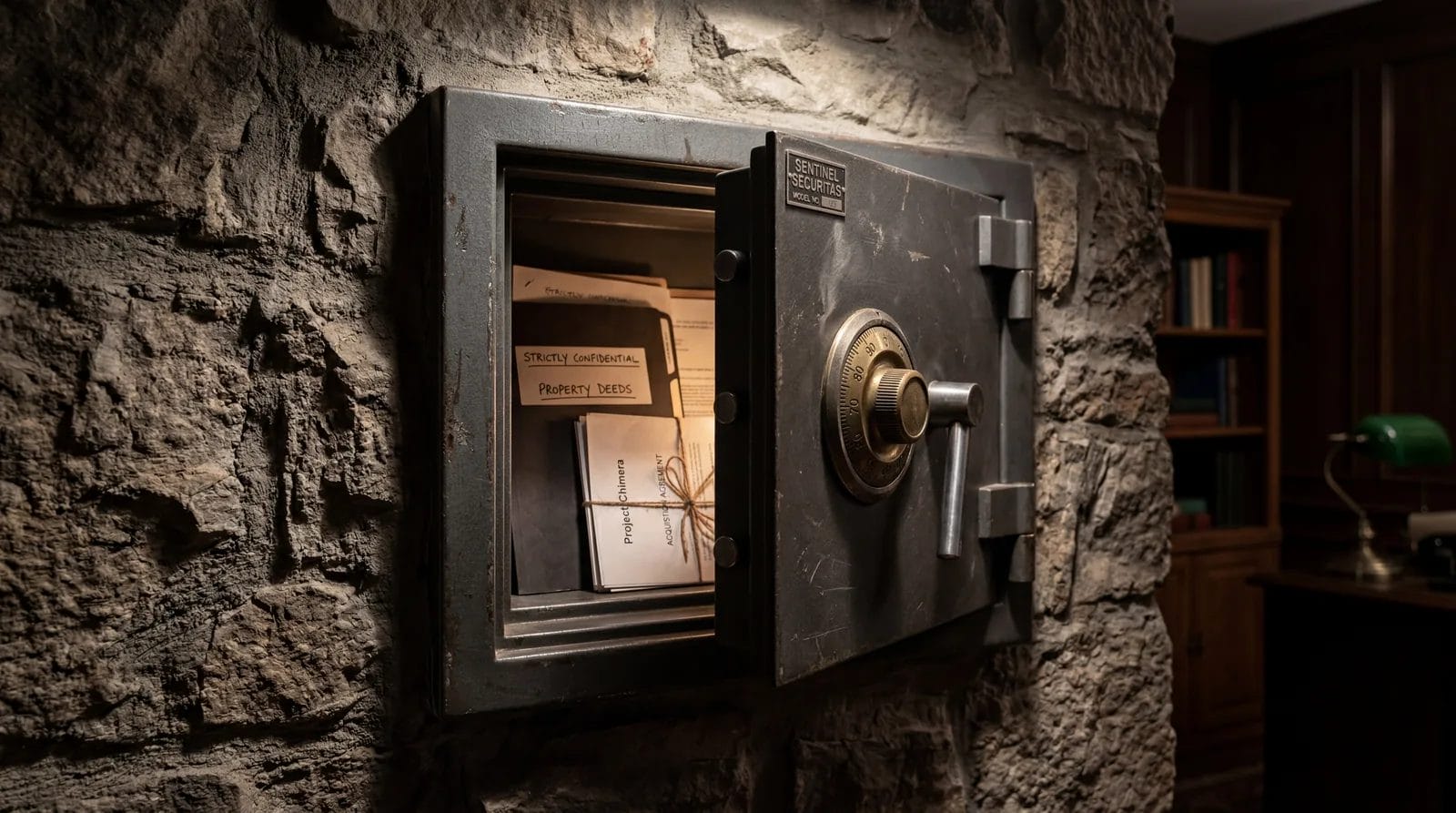 Safe with a combination lock mounted on a wall, documents partially visible inside, photorealistic, dramatic lighting, no text, no watermark, 16:9