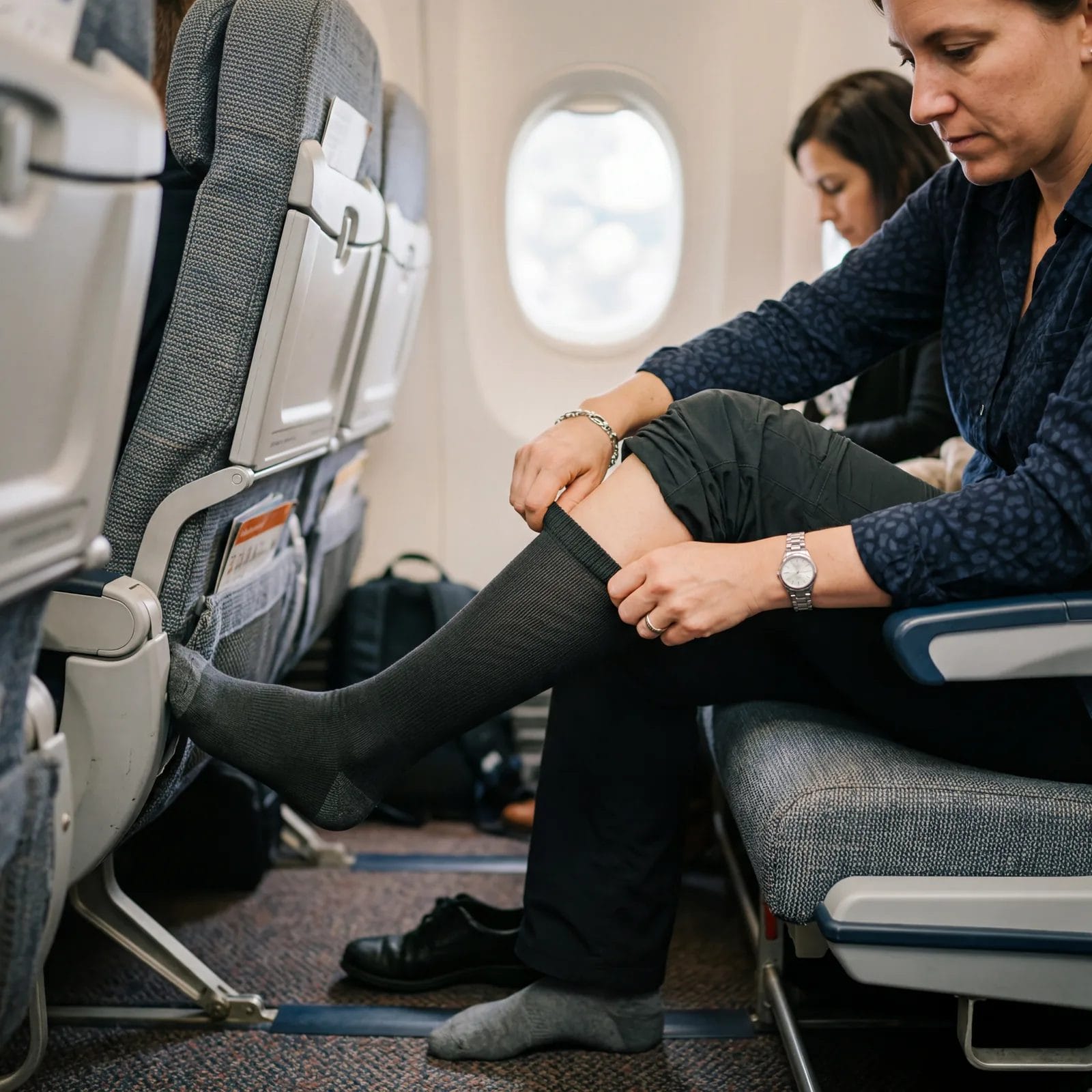 A close-up of compression socks being pulled on by a traveler seated on an airplane, cabin interior background, photorealistic, warm editorial photography, no text, no watermark, 16:9
