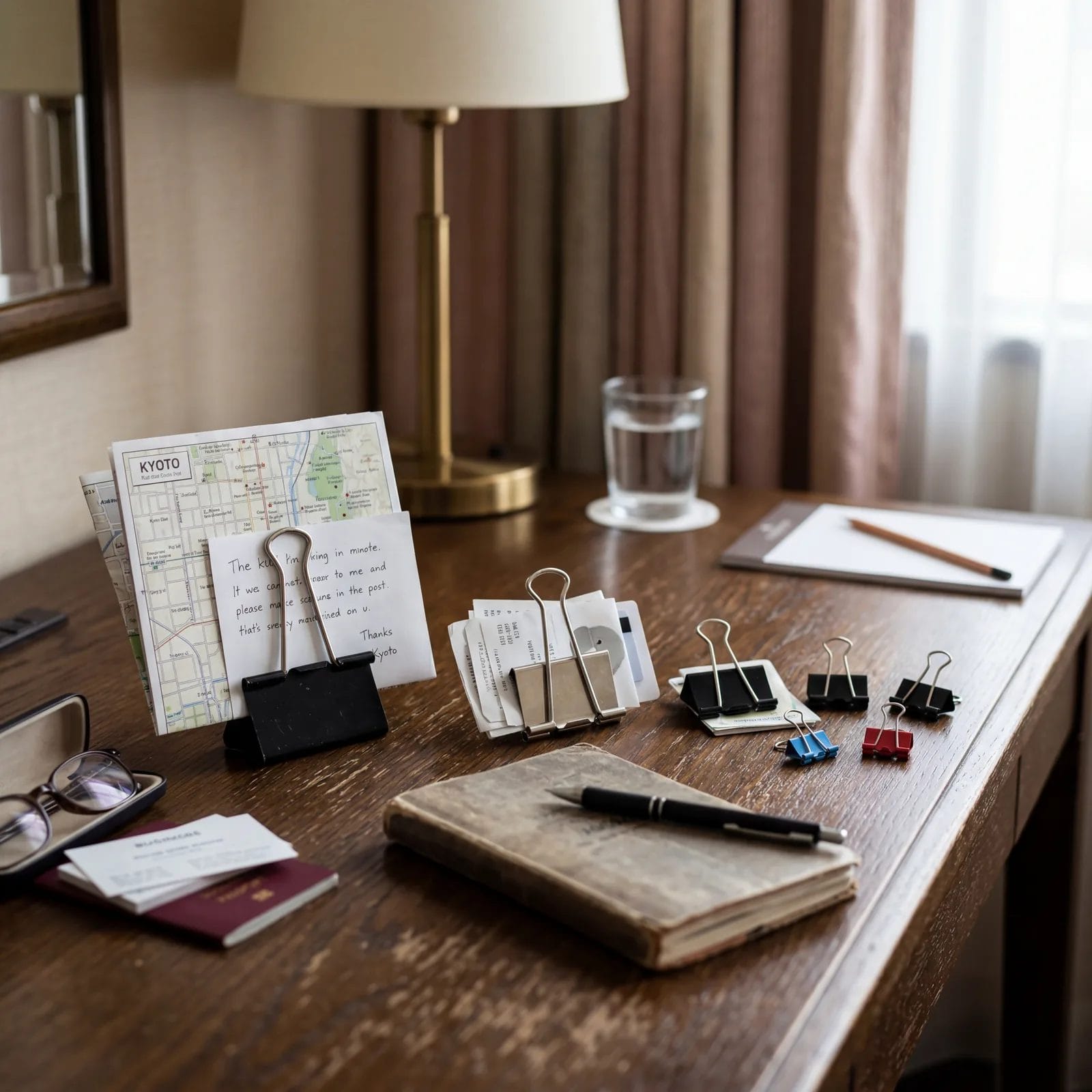Several binder clips in different sizes arranged on a hotel desk, practical travel accessories, photorealistic, no text, no watermark, 16:9