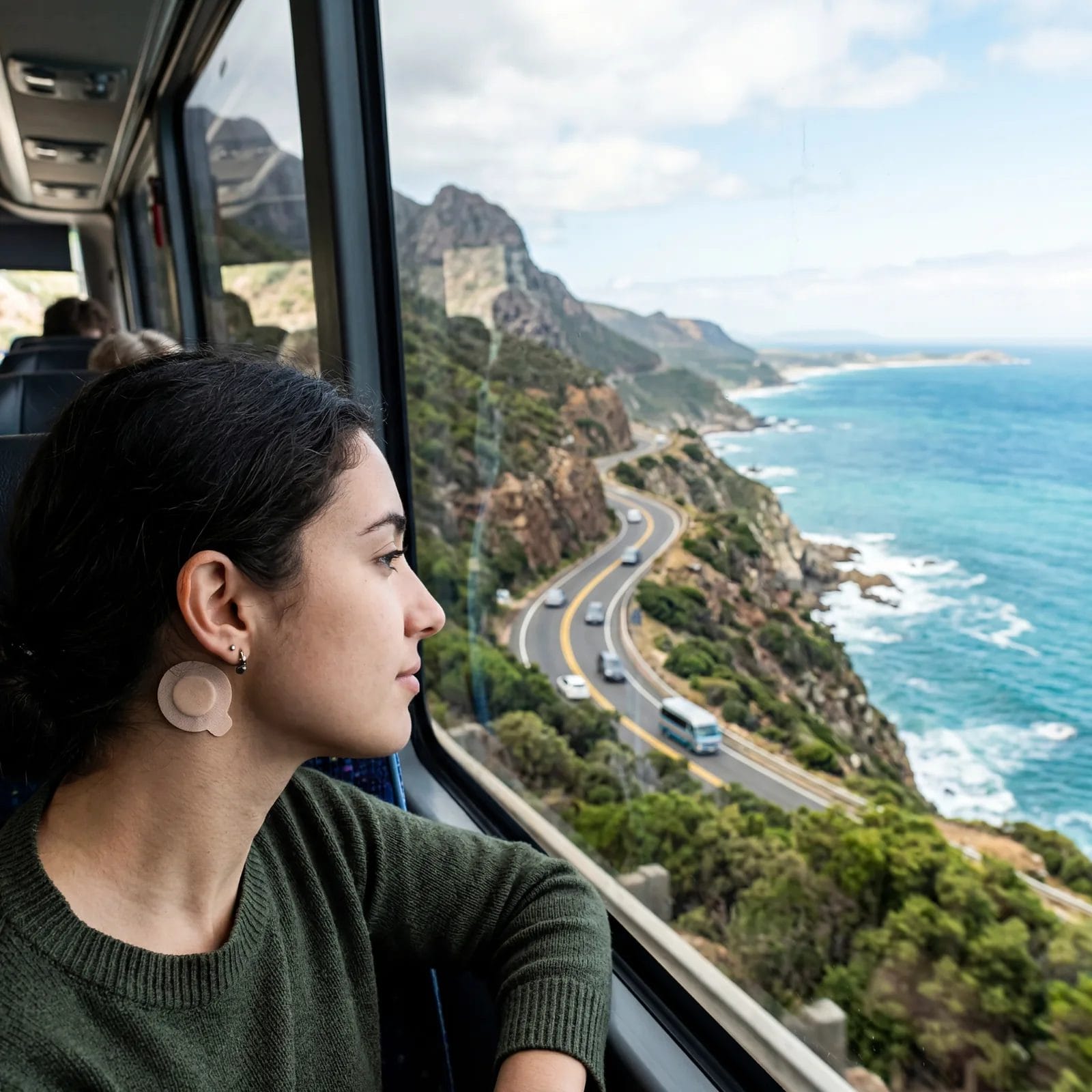 Small circular motion sickness patch behind a woman's ear, scenic winding coastal road visible through a bus window in the background, photorealistic, no text, no watermark, 16:9