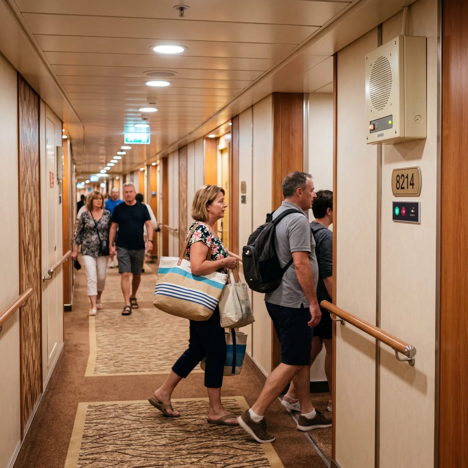 Cruise ship intercom speaker in a hallway with passengers ignoring it and walking past, candid travel photography, photorealistic, no text, no watermark, 16:9