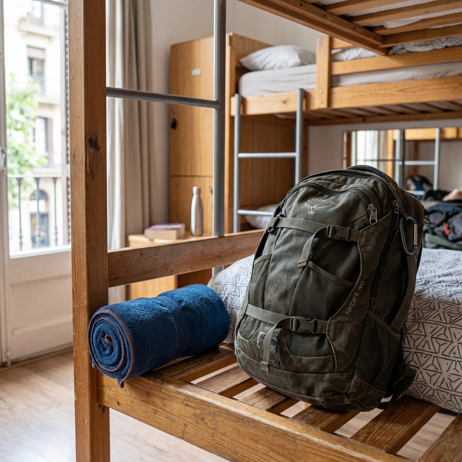 A compact rolled microfiber travel towel beside a backpack in a hostel room, bright lighting, photorealistic, no text, no watermark, 16:9