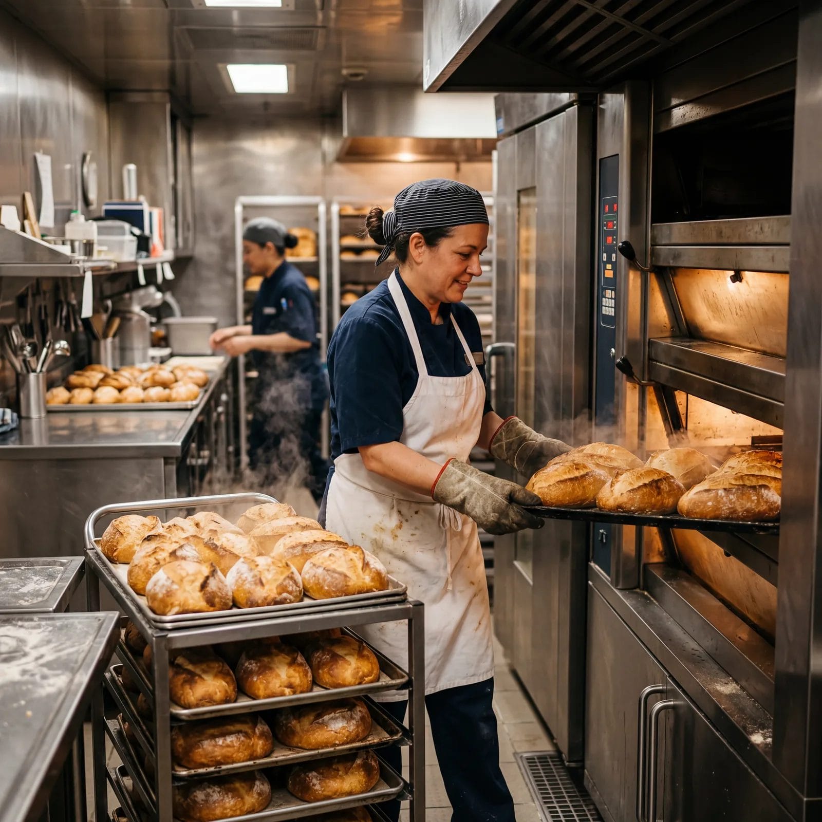 Cruise ship baker pulling fresh bread from large commercial ovens, early morning galley, warm steam, golden-brown loaves, photorealistic, no text, no watermark, 16:9