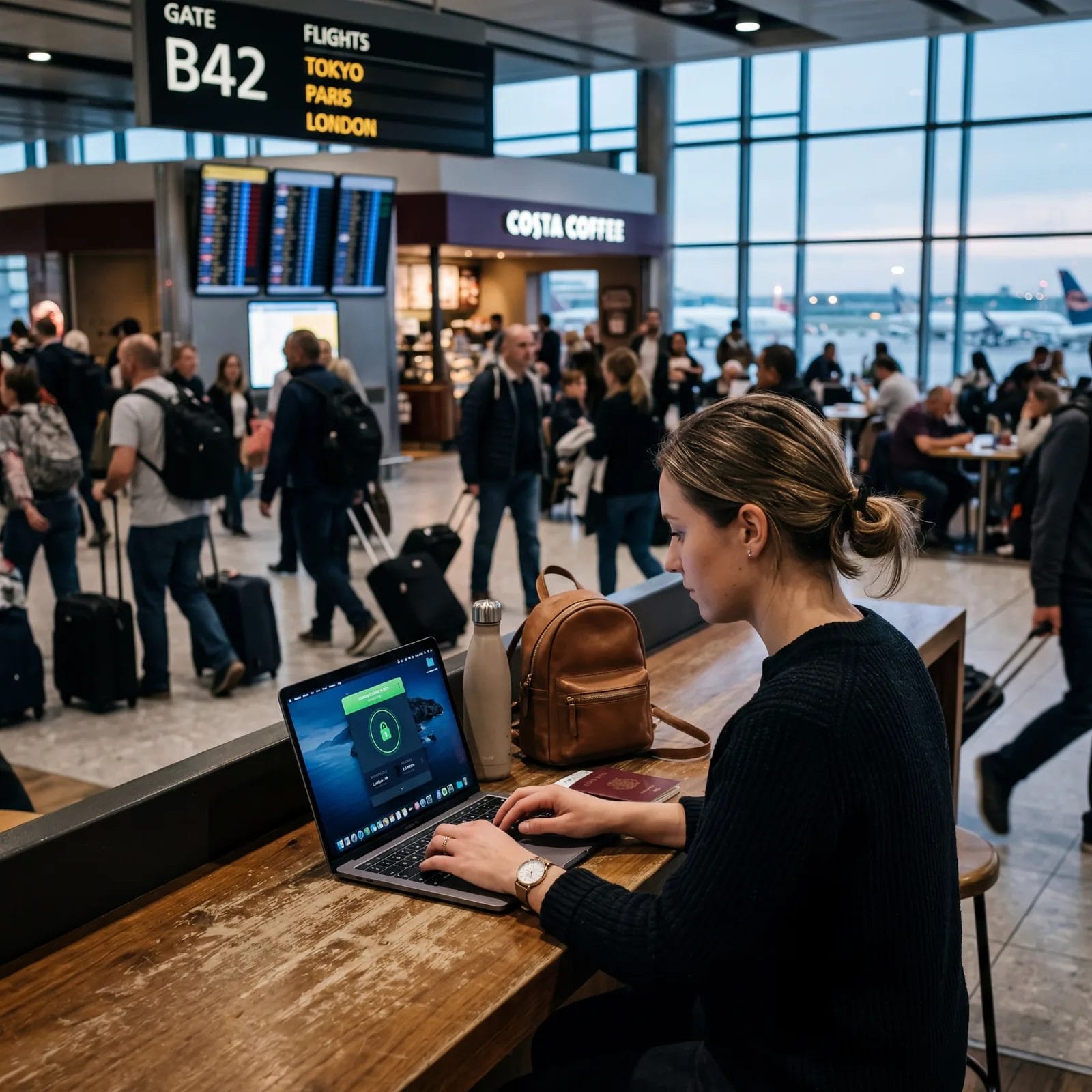 Laptop screen showing a VPN connection active, green lock icon, traveler using airport WiFi in a busy international terminal, photorealistic, editorial travel photography, no text, no watermark, 16:9