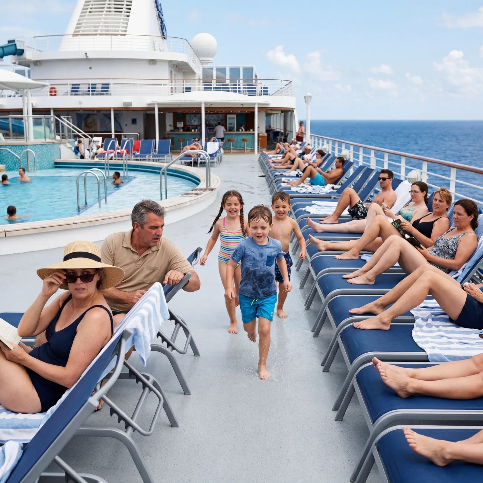 Cruise ship pool deck with unsupervised children running past sun loungers, passengers watching with mild concern, travel photography, photorealistic, no text, no watermark, 16:9