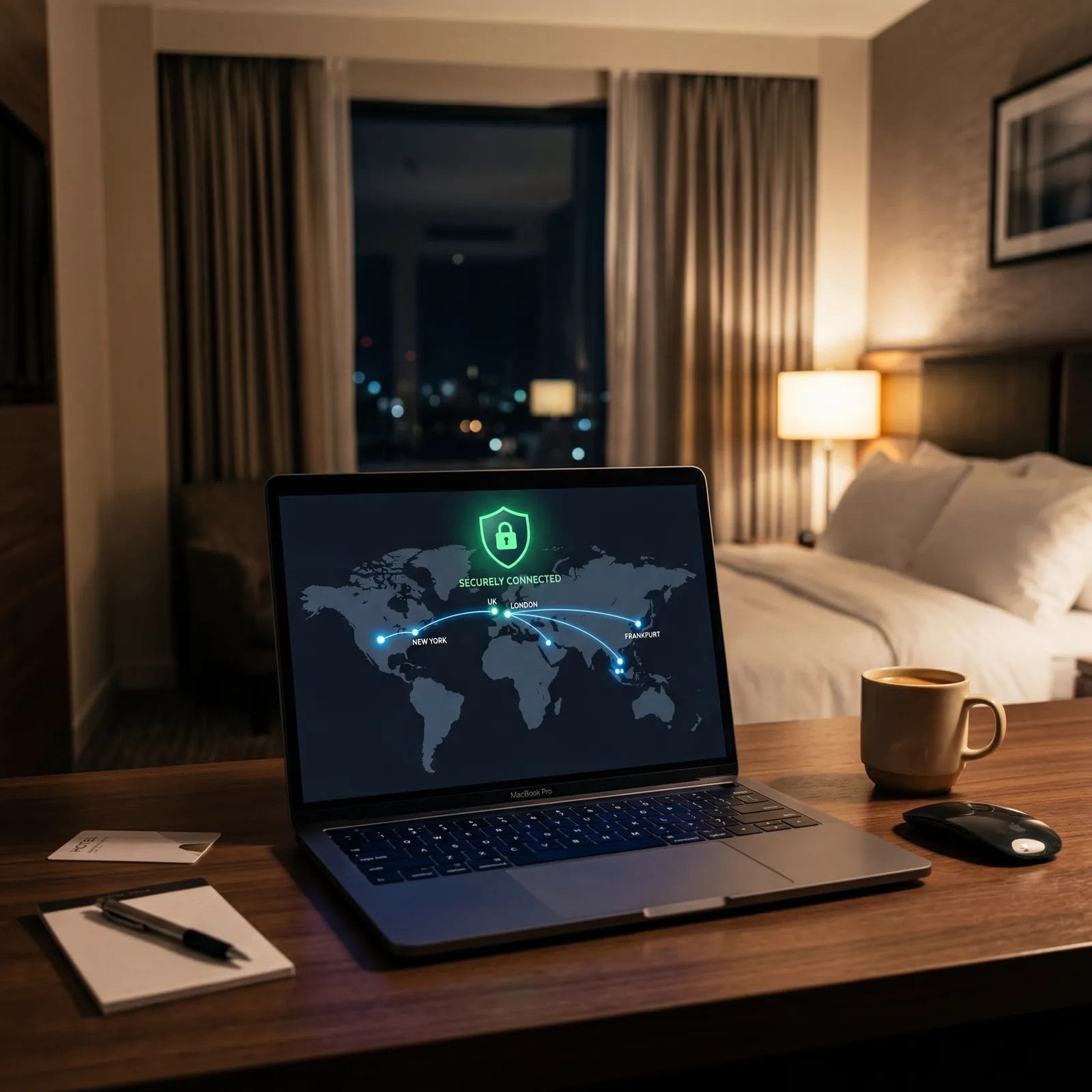 Laptop screen showing a VPN connection map with secure lock icon, hotel room setting, photorealistic, no text, no watermark, 16:9