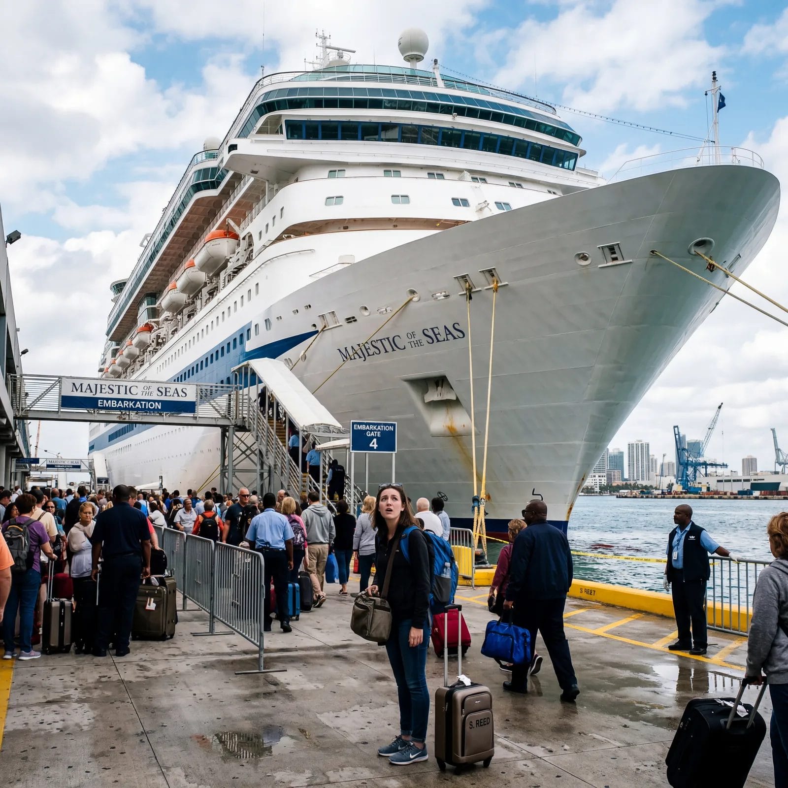 First-time cruiser looking overwhelmed standing at the base of a massive cruise ship at embarkation, wide angle, travel photography, photorealistic, no text, no watermark, 16:9