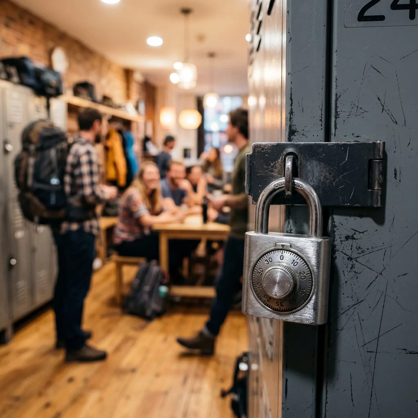 Silver combination padlock securing a hostel locker, blurred backpacker common area in background, photorealistic, no text, no watermark, 16:9