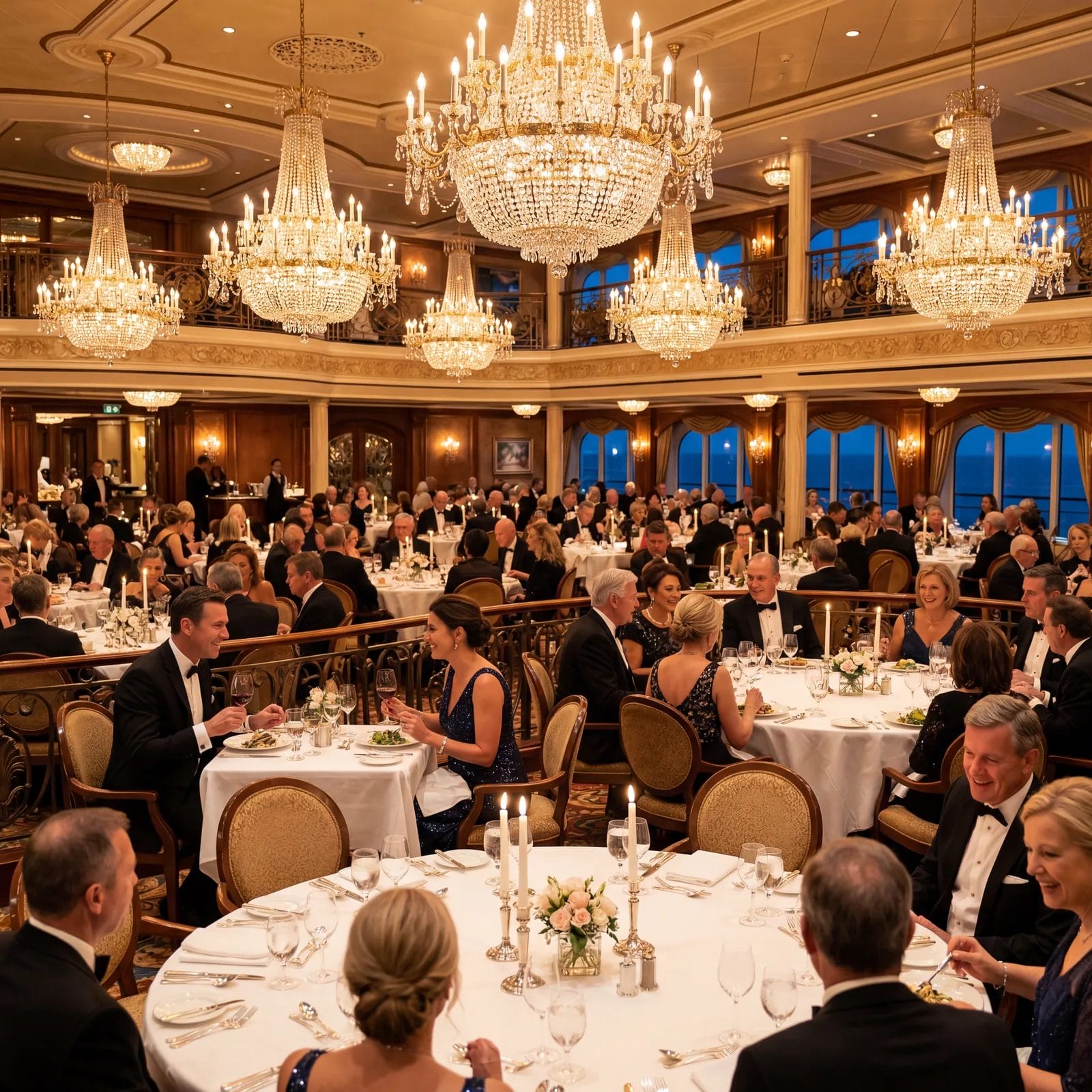 Elegant cruise ship formal dinner with passengers dressed in formal attire, crystal chandeliers, white tablecloths, warm golden lighting, travel photography, photorealistic, no text, no watermark, 16:9