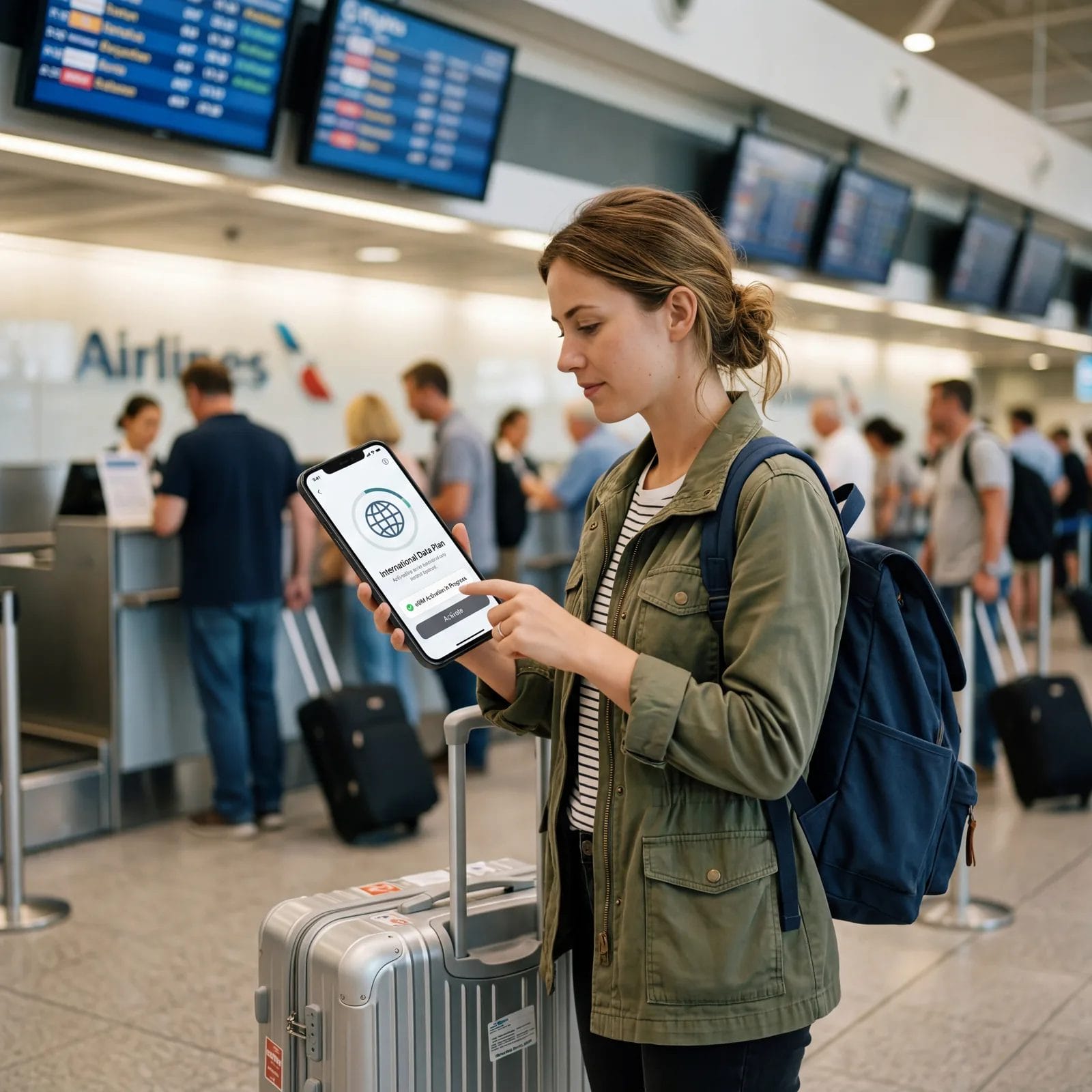 Smartphone showing an eSIM activation screen for an international data plan, traveler at airport check-in area, photorealistic, editorial travel photography, no text, no watermark, 16:9