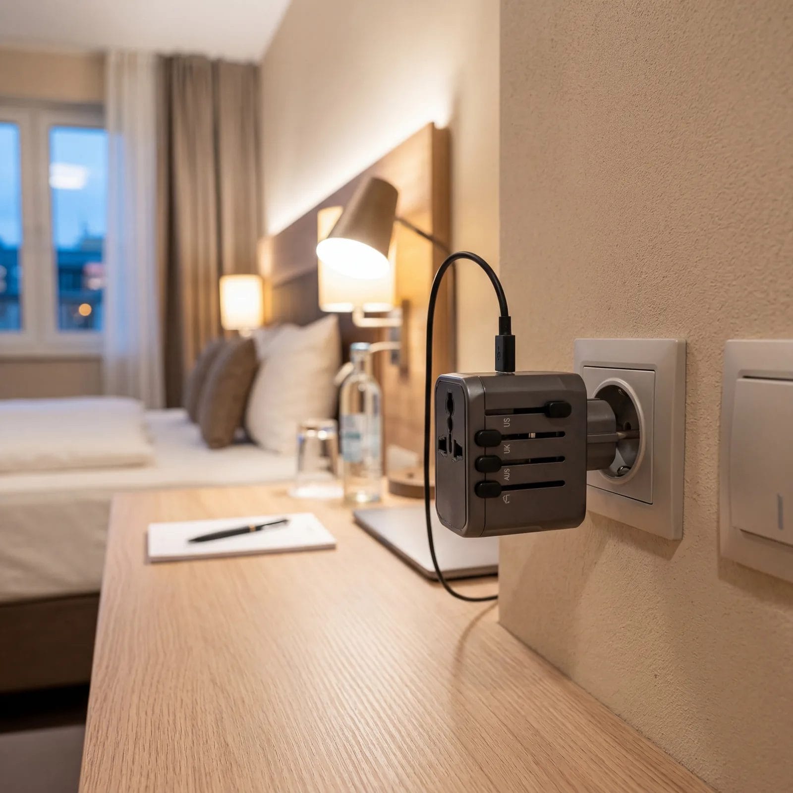Compact universal power adapter with multiple plug types deployed, plugged into a European outlet in a modern hotel room, photorealistic, no text, no watermark, 16:9
