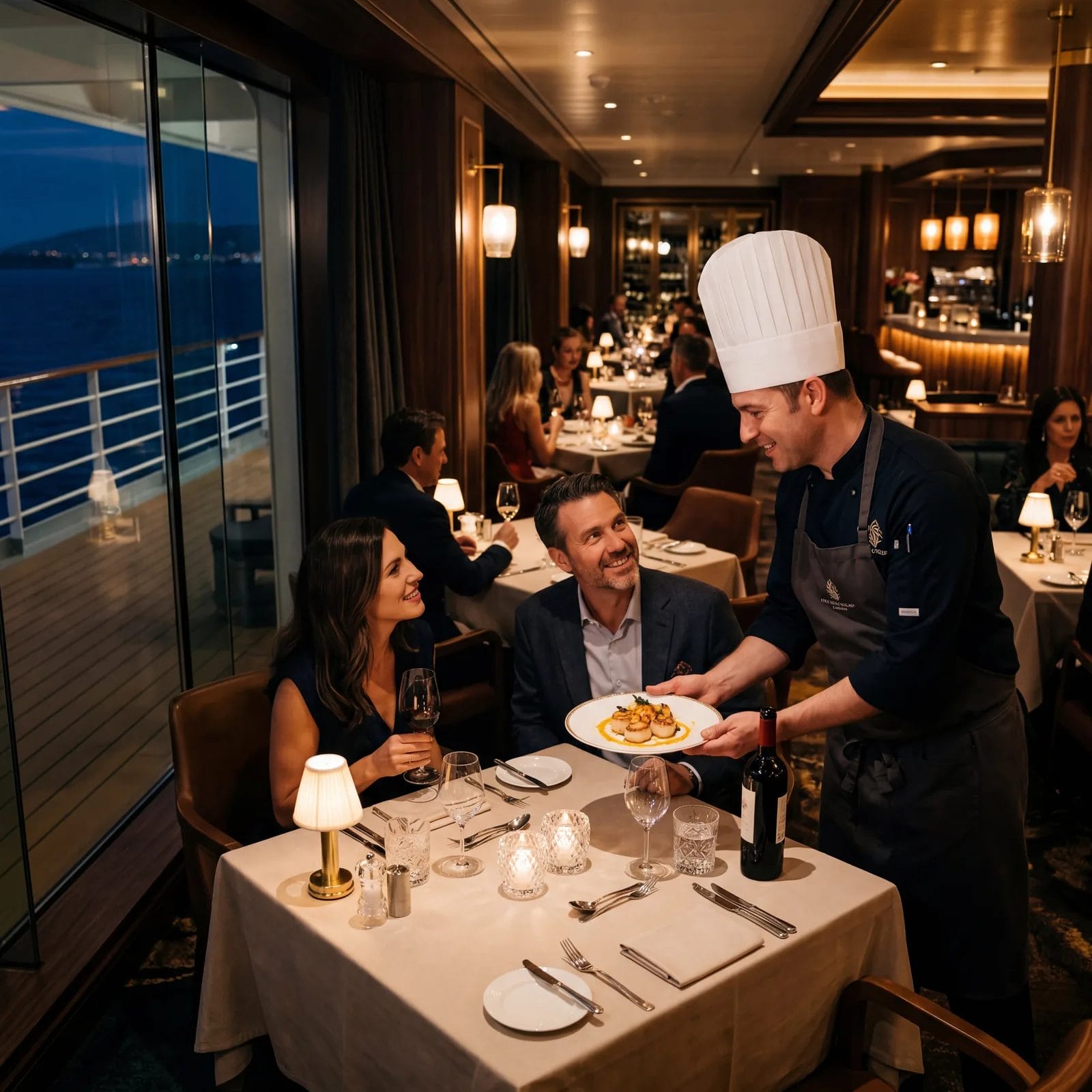 Specialty cruise ship restaurant with intimate lighting, small tables, chef presenting a dish, fine dining atmosphere, travel photography, photorealistic, no text, no watermark, 16:9