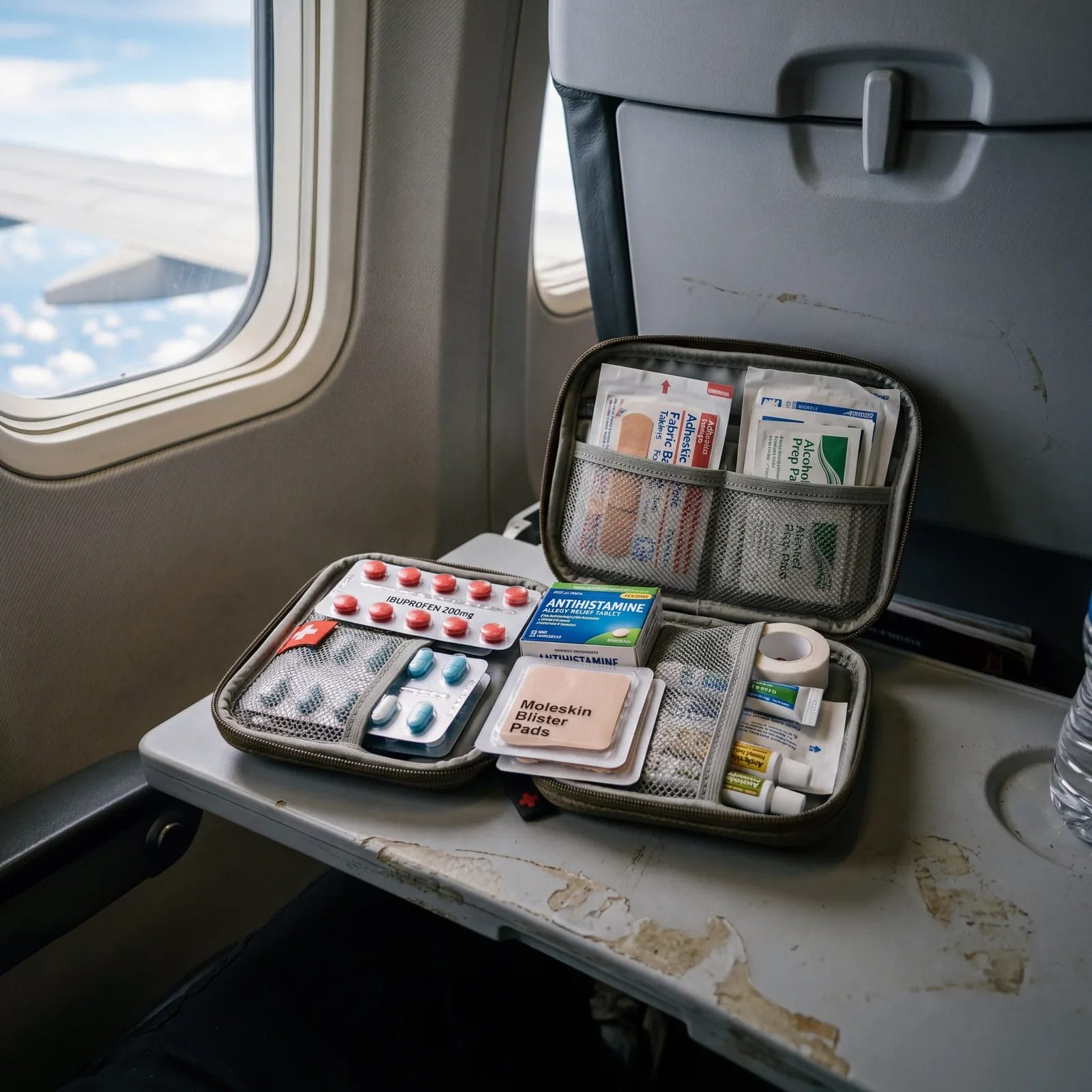 Compact travel first aid kit open on airplane tray table, ibuprofen, antidiarrheal tablets, blister pads, antihistamines, and wound care supplies visible, photorealistic, editorial travel photography, no text, no watermark, 16:9